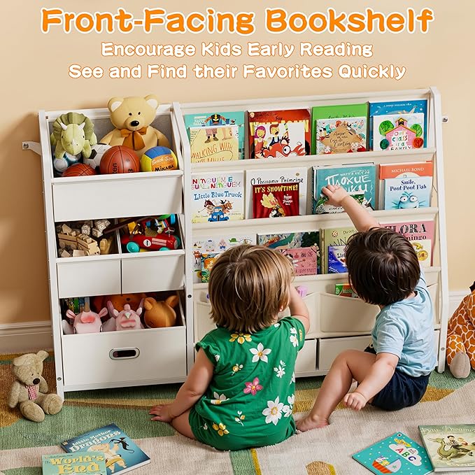HAVLOTII Kids Bookshelf and Toy Storage - Book Shelf for Kids Rooms, Toddler Bookshelves Baby Bookcase for Nursery, Montessori Toy Organizer, 6 Toy Bins for Kids Toy Storage