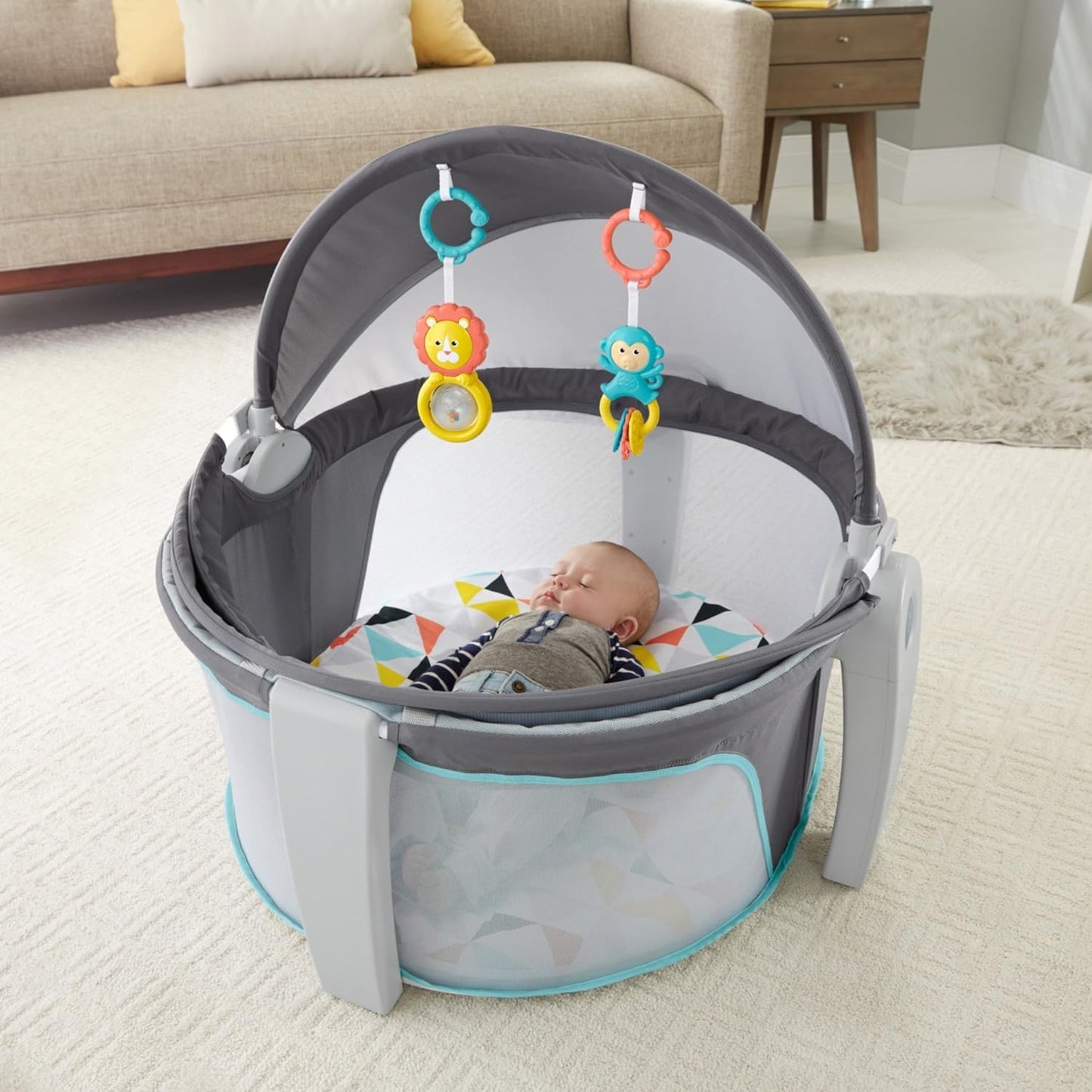 Fisher-Price Portable Bassinet On-The-Go Baby Dome, Travel Play Space with Developmental Newborn Toys & Canopy, Windmill