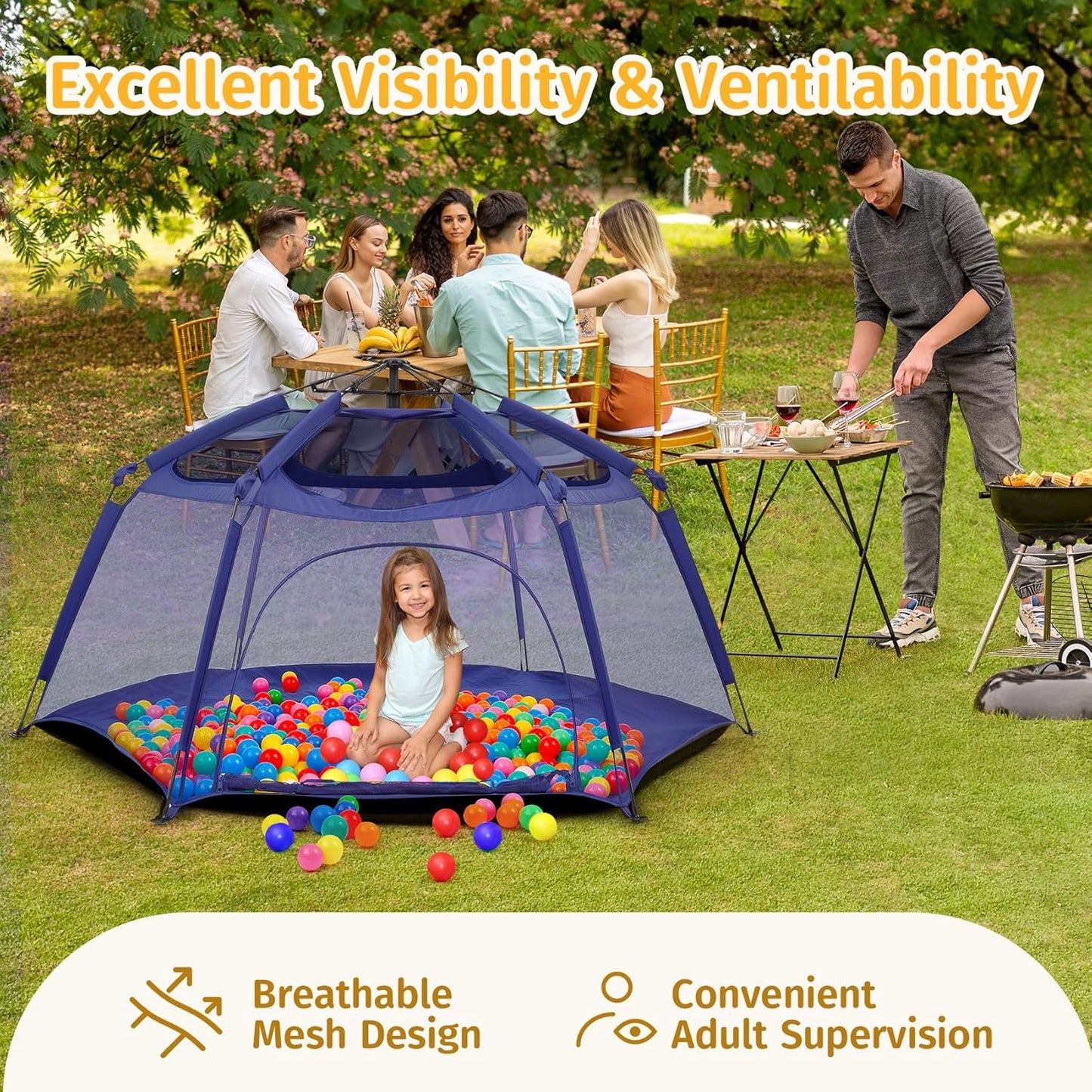 Alvantor® Baby Playpen Pop Up Play Yard 84"x84"x44”Large Mesh Kids Toddler Play Pen Indoor & Outdoor Safe Space Foldable Lightweight Mosquito Playpen Canopy for Infants Toddlers Pets, Navy