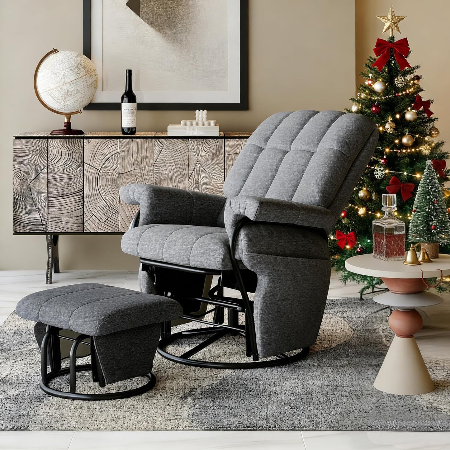 AODAILIHB 360° Swivel Glider Recliner with Ottoman, Nursing Glider Rocking Chair with Foot Rest & 2 Side Pockets for Nursery, Living Room, Bedroom, Office, White