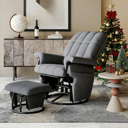 AODAILIHB 360° Swivel Glider Recliner with Ottoman, Nursing Glider Rocking Chair with Foot Rest & 2 Side Pockets for Nursery, Living Room, Bedroom, Office, White