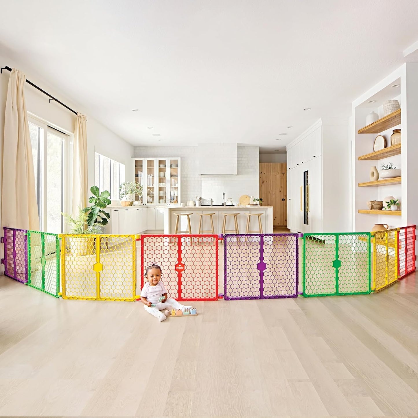 Regalo Safety 192" Super Wide Baby Gate & Play Yard, 2-in-1 Adjustable Playpen for Babies, Toddlers & Pets, Includes Wall Mount Kit, Plastic, Gray