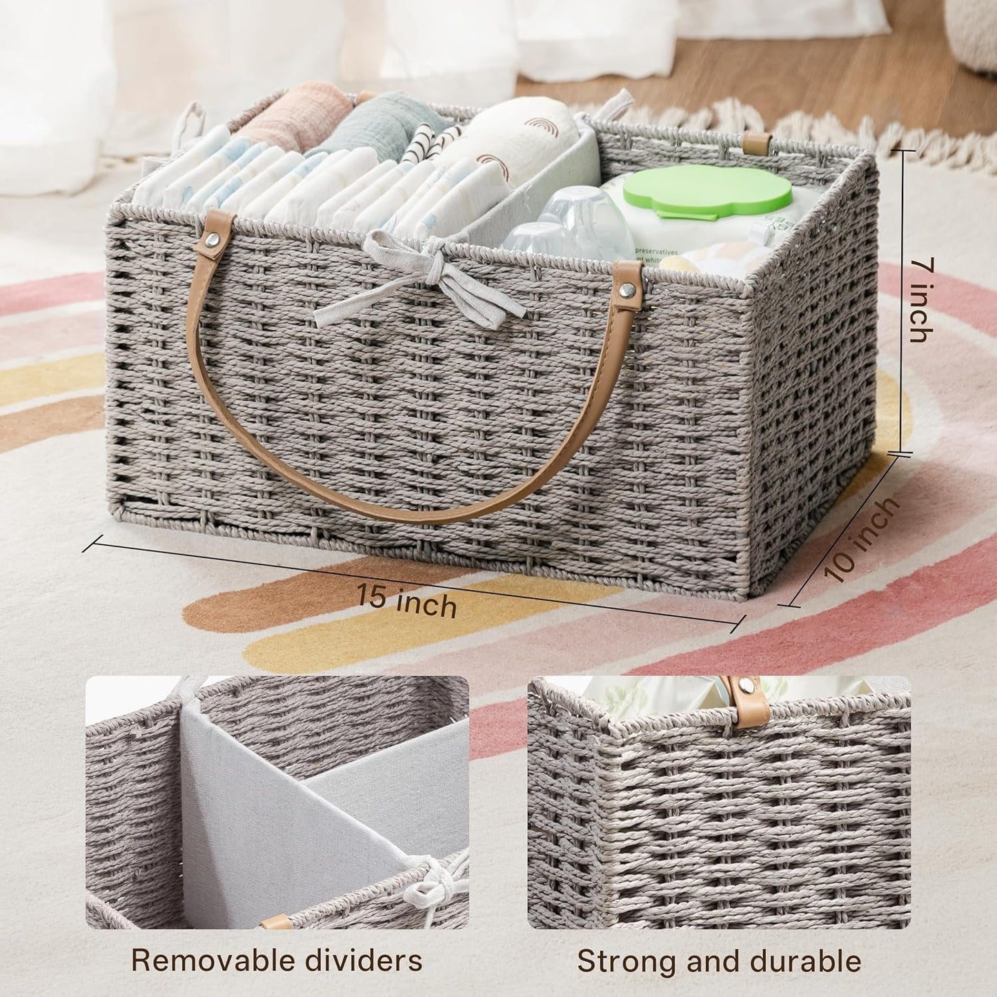 Angelhood Large Paper Rope Diaper Caddy, Baby Essentials Organizer, Portable Baby Shower Baskets Gift Bin, Car Storage Bag for Nursery