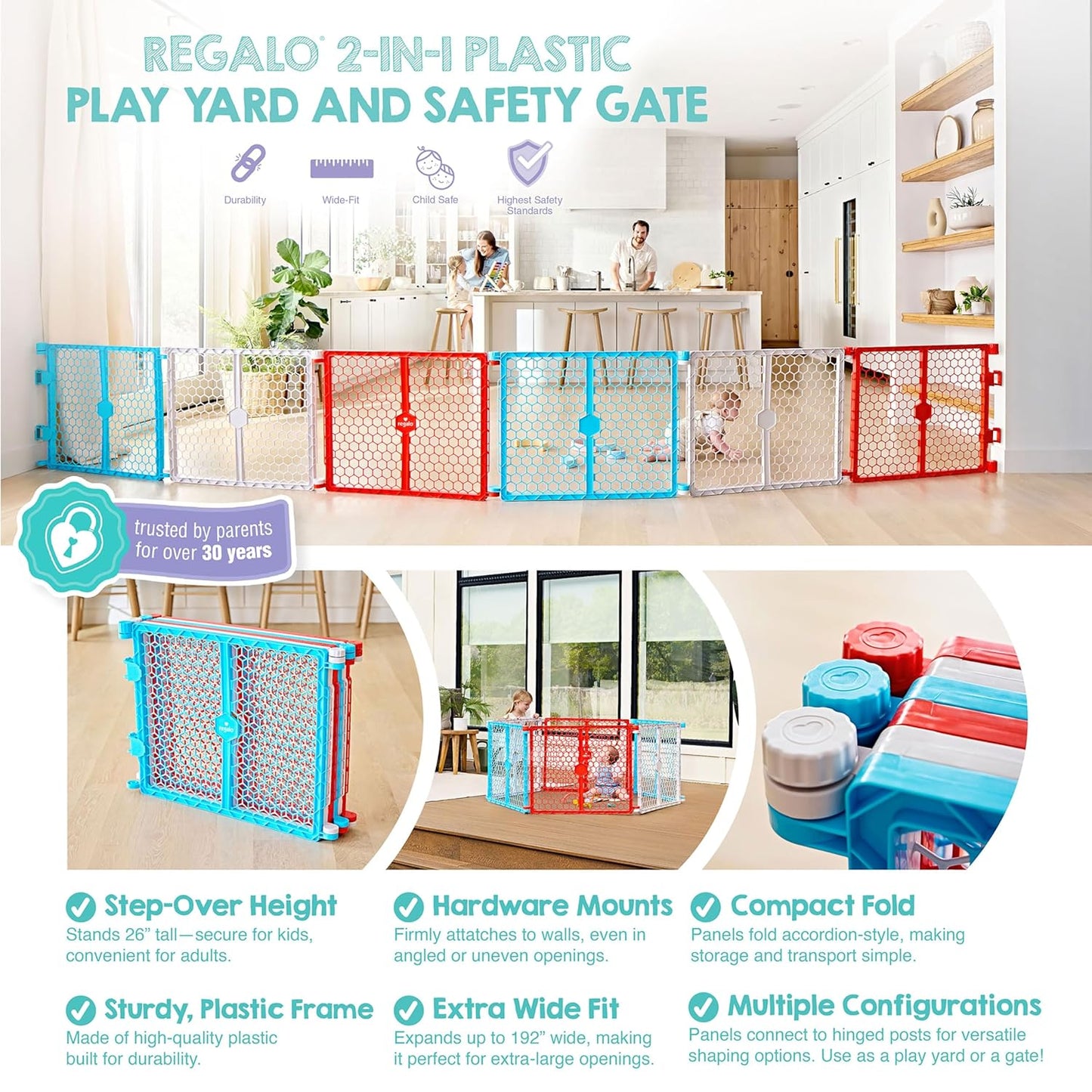 Regalo Safety 192" Super Wide Baby Gate & Play Yard, 2-in-1 Adjustable Playpen for Babies, Toddlers & Pets, Includes Wall Mount Kit, Plastic, Gray