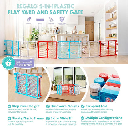 Regalo Safety 192" Super Wide Baby Gate & Play Yard, 2-in-1 Adjustable Playpen for Babies, Toddlers & Pets, Includes Wall Mount Kit, Plastic, Gray