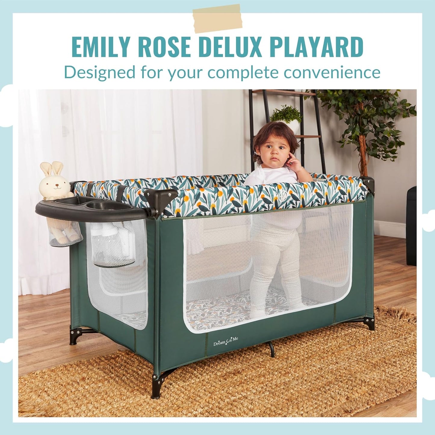Dream On Me Emily Rose Deluxe Playard in Galaxy Blue with Infant Bassinet and Changing Tray, Lightweight Portable and Convertible Playard for Baby, Breathable Mesh Sides and Soft Fabric