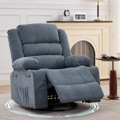 GarveeHome 360° Swivel Recliner Chair for Adult, Linen Rocker Chair with 3 Positions/2 Side Pockets/Cup Holders, Manual Nursery Glider Rocking Chair for Bedroom Living Room Office