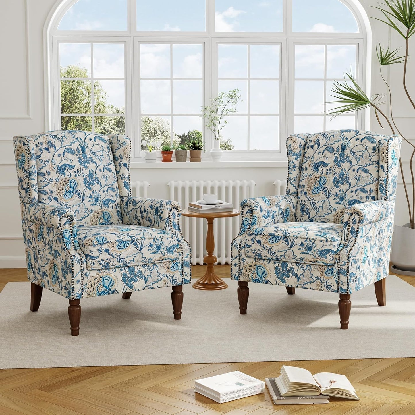 Swivel Rocker Recliner Chair, Manual Nursery Glider Recliner, Floral Fabric Wingback Accent Chair with Adjustable Backrest & Footrest for Small Spaces Living Room Bedroom (Plants Floral, Set of 1)