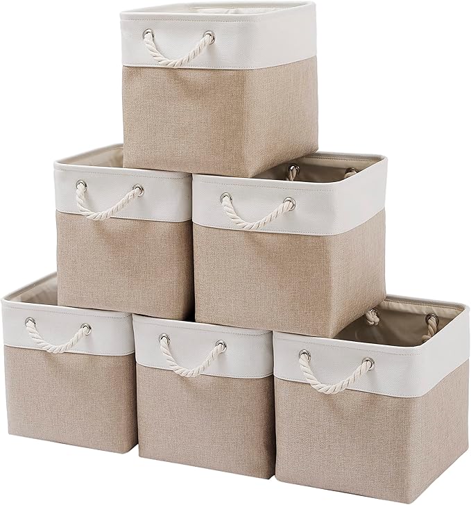 MidmmVick 11 x 11 Inch Cube Storage Bins, 6 Pack Large Collapsible Fabric Storage Bin with Ropes, Foldable Storage Cubes for Home, Office,Closet, Clothes, Toys Organizer (White & Beige-11"x11"x11")