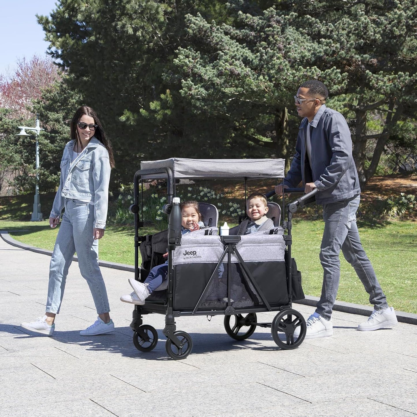 Jeep Aries Stroller Wagon by Delta Children Premium Wagon for 2 Kids with Convertible Seats, Adjustable Push/Pull Handles, Removable Canopy & Flat Fold - Greenguard Gold Certified, Black/Green