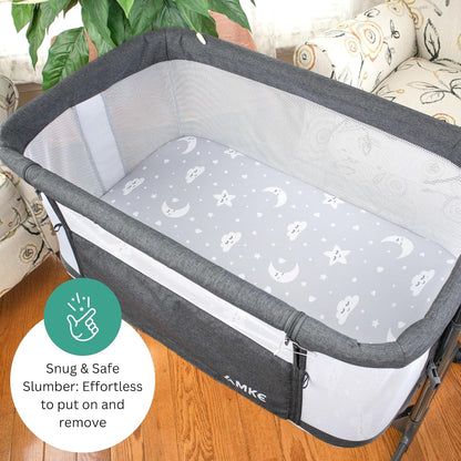 Bassinet Sheets for Papablic, CoZee, Cowiewie, Ezebaby, Nawahev Baby Bassinet Bedside Sleeper by TansyPanda, 3PC, 33x20, Ultra Soft, Breathable Snug Fit, Unisex Boys Girls, Gray White (Space Rockets)