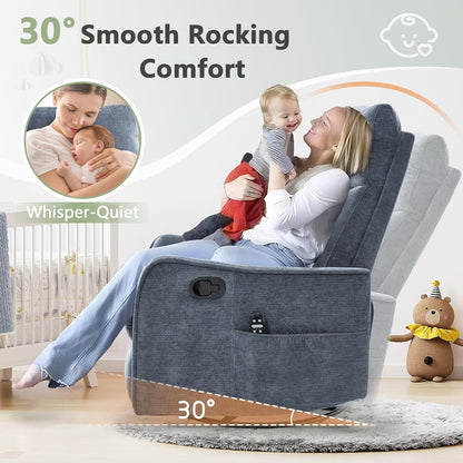 cinkehome Swivel Rocker Recliner, Glider Rocker Recliner Chair for Nursery, Manual Reclining Chair with Heated Massage, Small Spaces, Living Room, Khaki Chenille
