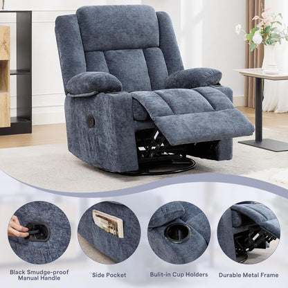 Swivel Rocker Recliner Chair, Lazy Boy Recliner with Cup Holders, 360 Degree Rotating Nursery Rocking Chair, Manual Glider Recliner for Living Room (1, Yellow)