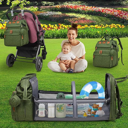 Baby Diaper Bags with Changing Station Multifunctional Waterproof Diaper Bag Backpack Travel Baby Bag with Changing Pad, Pacifier Case,Baby Essentials(Army Green)