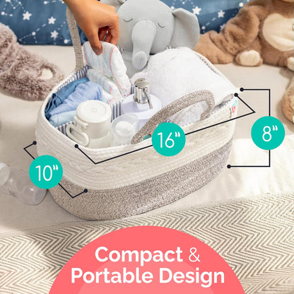 Rope Diaper Caddy - Storage for Baby and Toddler Items - Portable Cotton Organizer Easily Holds Diapers, Wipes, Clothing - Useful for Nursery, Bedroom (Gray, Regular)
