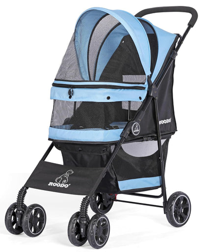 ROODO 4 Wheel Dog Cat Pet Stroller Best Lightweight Foldable Compact Portable Jogger All Terrain Travel Pet Gear Puppy Doggie Bunny Kitty Stroller for up to 30lbs Medium Small Dogs Cats(Light Khaki)