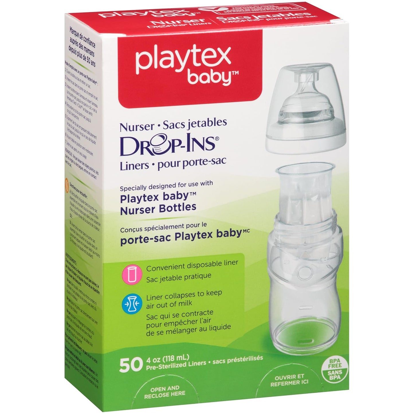 Playtex Baby Nurser Bottles Drop-Ins Recyclable Disposable Liners, Pre-Sterilized, 4 Oz, 50 Count