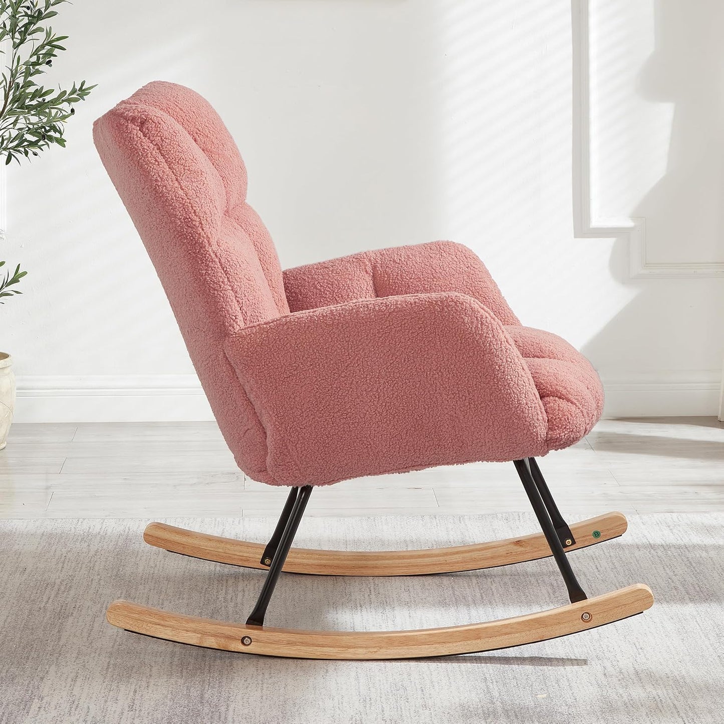 Glider Chair for Living Room & Nursery, Tufted Upholstered Teddy Rocking Chair with High Backrest & Stable Metal Frame, 300lbs Capacity, Comfy Rocker Glider for Adults & Kids, Office & Bedroom(Gray)
