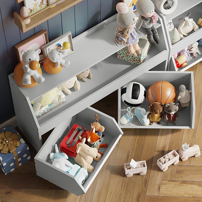 Fulhope Toy Storage Organizer for Kids, Toy Storage Cabinet with Drawers, Boys and Girls Toy Shelf with Wheels, Toy Organizer Kids Bookshelf with Storage for Nursery, Playroom, Bedroom (Light Grey)