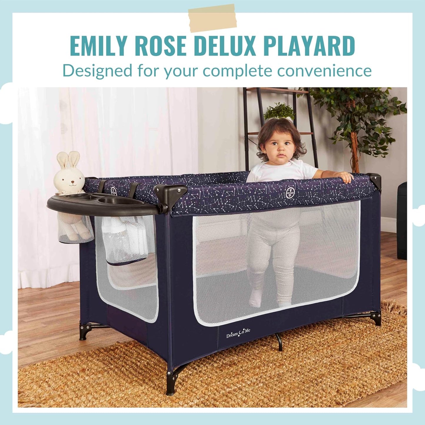 Dream On Me Emily Rose Deluxe Playard in Galaxy Blue with Infant Bassinet and Changing Tray, Lightweight Portable and Convertible Playard for Baby, Breathable Mesh Sides and Soft Fabric