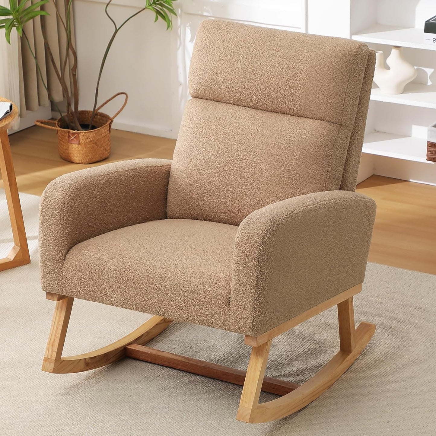 HCHAIRH Rocking Chair Nursery, Upholstered Fabricr Nursing Rocking Chairs with Soft High Back, Modern Nursery Glider Rocker for Mom Living Room, Bedroom, Camel