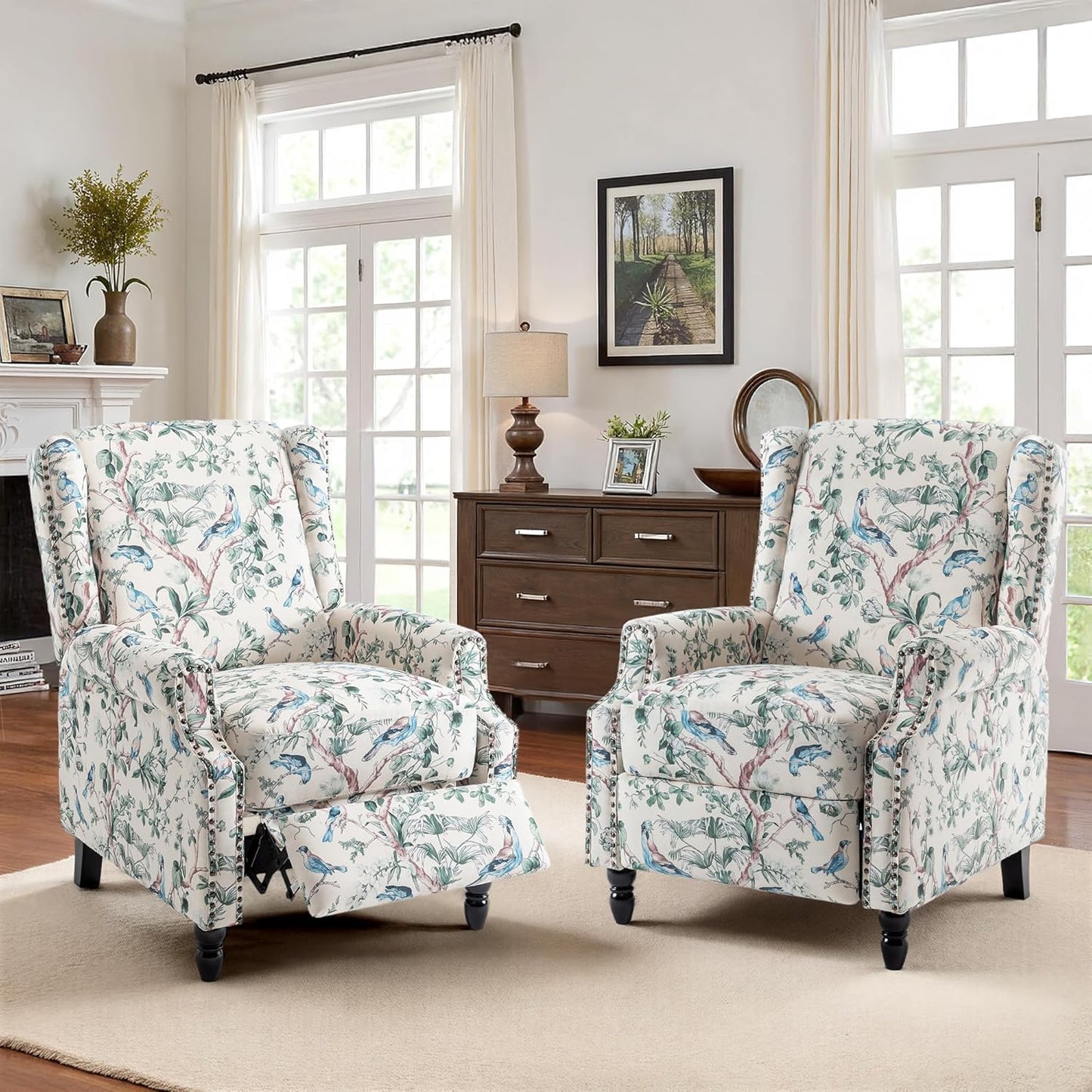 Swivel Rocker Recliner Chair, Manual Nursery Glider Recliner, Floral Fabric Wingback Accent Chair with Adjustable Backrest & Footrest for Small Spaces Living Room Bedroom (Plants Floral, Set of 1)