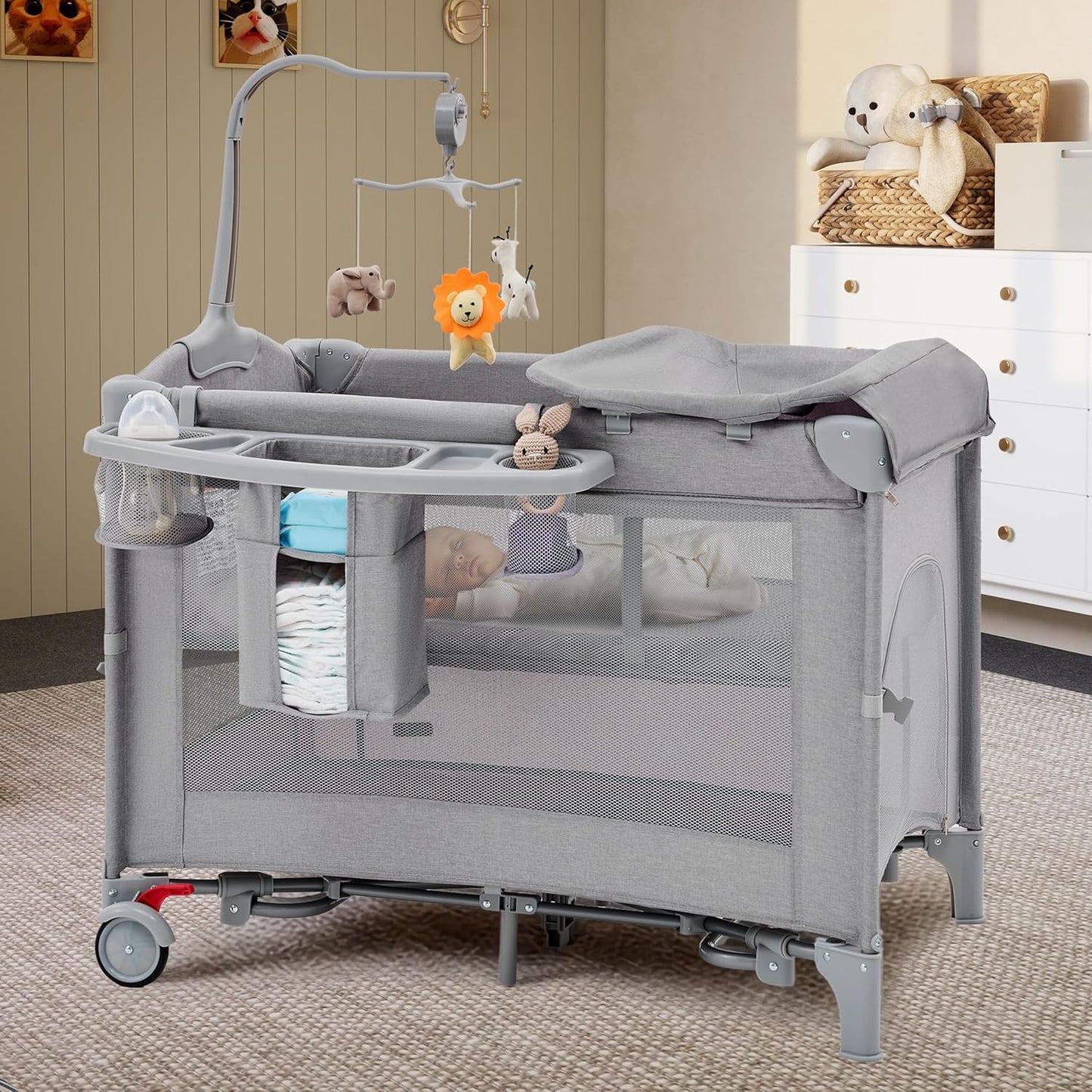 HARPPA Pack and Play 6 in 1, Portable Baby Playard for Travel, Baby Bassinet Bedside Sleeper with Mattress, Rolling Bassinet for Infant, Pack n Play with Changing Table, Bed Crib(Black)