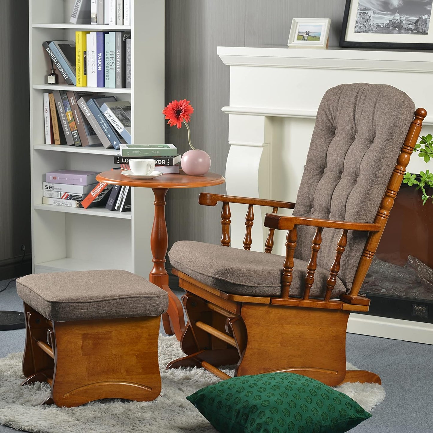 Rustic Glider Chair for Nursery with Ottoman, Resistant Rubber Wood Nursery Glider and Ottoman Sets for Relaxing, Rocking Chair for Living Room Bedroom