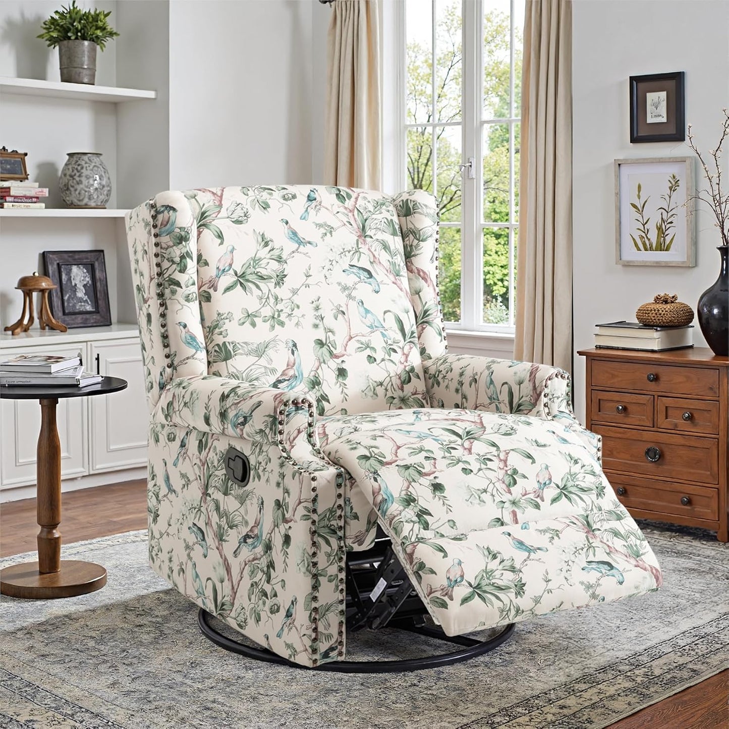 Swivel Rocker Recliner Chair, Manual Nursery Glider Recliner, Floral Fabric Wingback Accent Chair with Adjustable Backrest & Footrest for Small Spaces Living Room Bedroom (Plants Floral, Set of 1)
