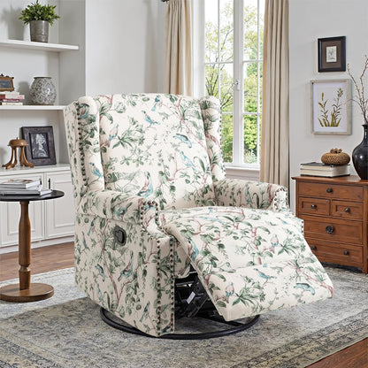 Swivel Rocker Recliner Chair, Manual Nursery Glider Recliner, Floral Fabric Wingback Accent Chair with Adjustable Backrest & Footrest for Small Spaces Living Room Bedroom (Plants Floral, Set of 1)