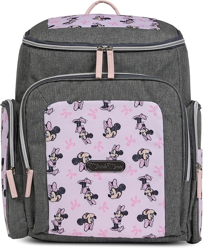 Disney Diaper Bag Backpack with Changing Pad Minnie Mouse – 16” Nylon Baby Bag for Parents, Insulated Bottle Holders, Multiple Storage Pockets