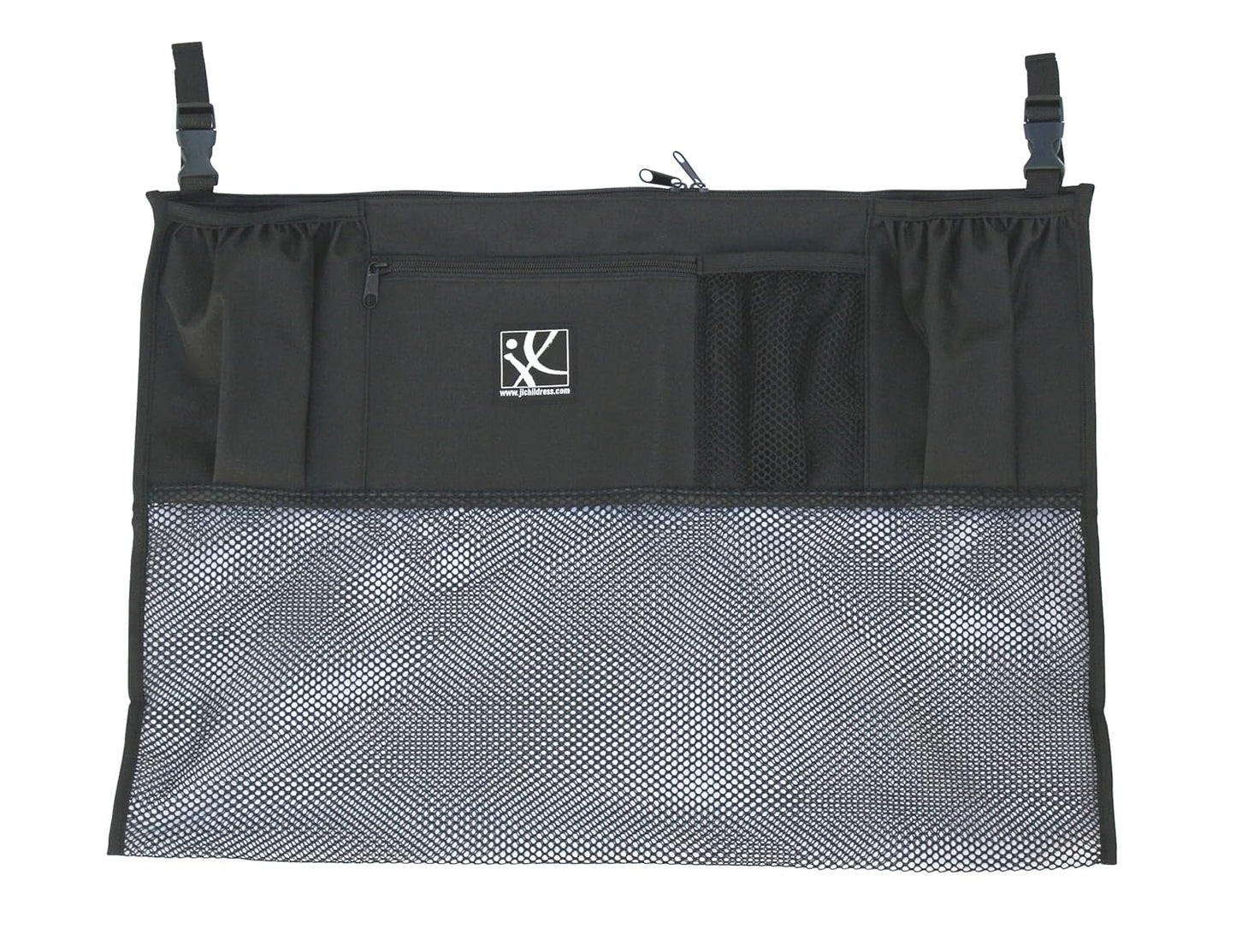 J.L. Childress Double Stroller Organizer with Large Mesh Storage Compartment - Stroller Accessory with Extra-Large Storage Bag - Deep Cup Holders - Multiple Zippered Pockets - Black