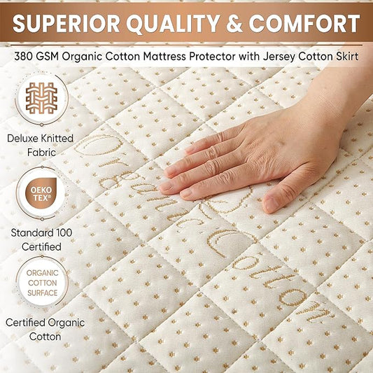 Crib Luxury Quilted Organic Mattress Protector Pad - Certified Organic Cotton, Waterproof Skin-Friendly Breathable Mattress Cover - Premium 380 GSM Comfort - Jersey Cotton Skirt