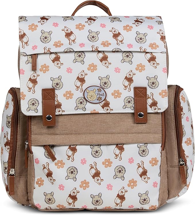 Disney Diaper Bag Backpack with Changing Pad Winnie the Pooh – 16” Nylon Baby Bag for Parents, Insulated Bottle Holders, Multiple Storage Pockets