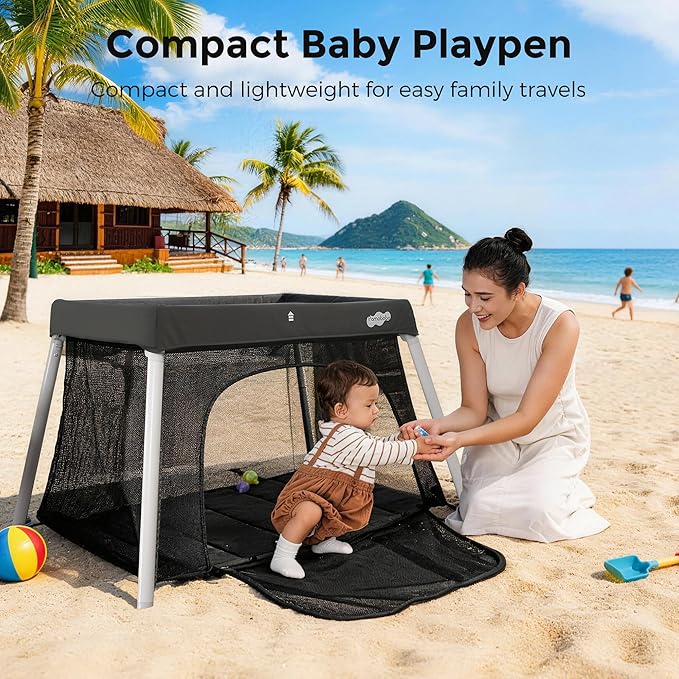 Pamo Babe Travel Crib with Bassinet, Certified Baby Safe Portable Crib, Extra Large Portable Playpen with Mattress & Zipper Door, Lightweight Foldable Pack and Play Baby Travel Bed - Grey