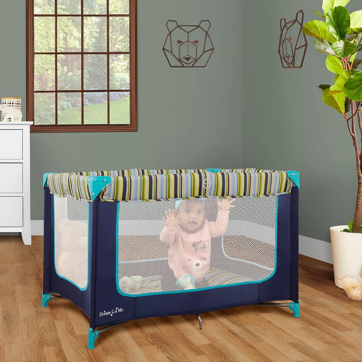 Dream On Me Zodiak Baby Playard, Breathable Mesh Sides, Soft Comfortable Mattress, Quick & Easy to Fold with Travel Carry Bag, Compact Space Saving Design - Grey/Green