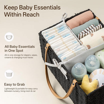 Angelhood Large Paper Rope Diaper Caddy, Baby Essentials Organizer, Portable Baby Shower Baskets Gift Bin, Car Storage Bag for Nursery