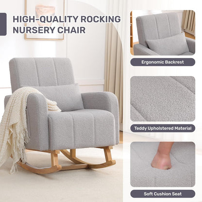 HCHAIRH Nursery Rocking Chair with Ottoman, Upholstered Glider Rocker with High Backrest Side Pocket, Rocking Accent Armchair with Solid Wood Legs for Nursery, Living Room, Bedroom, Light Grey