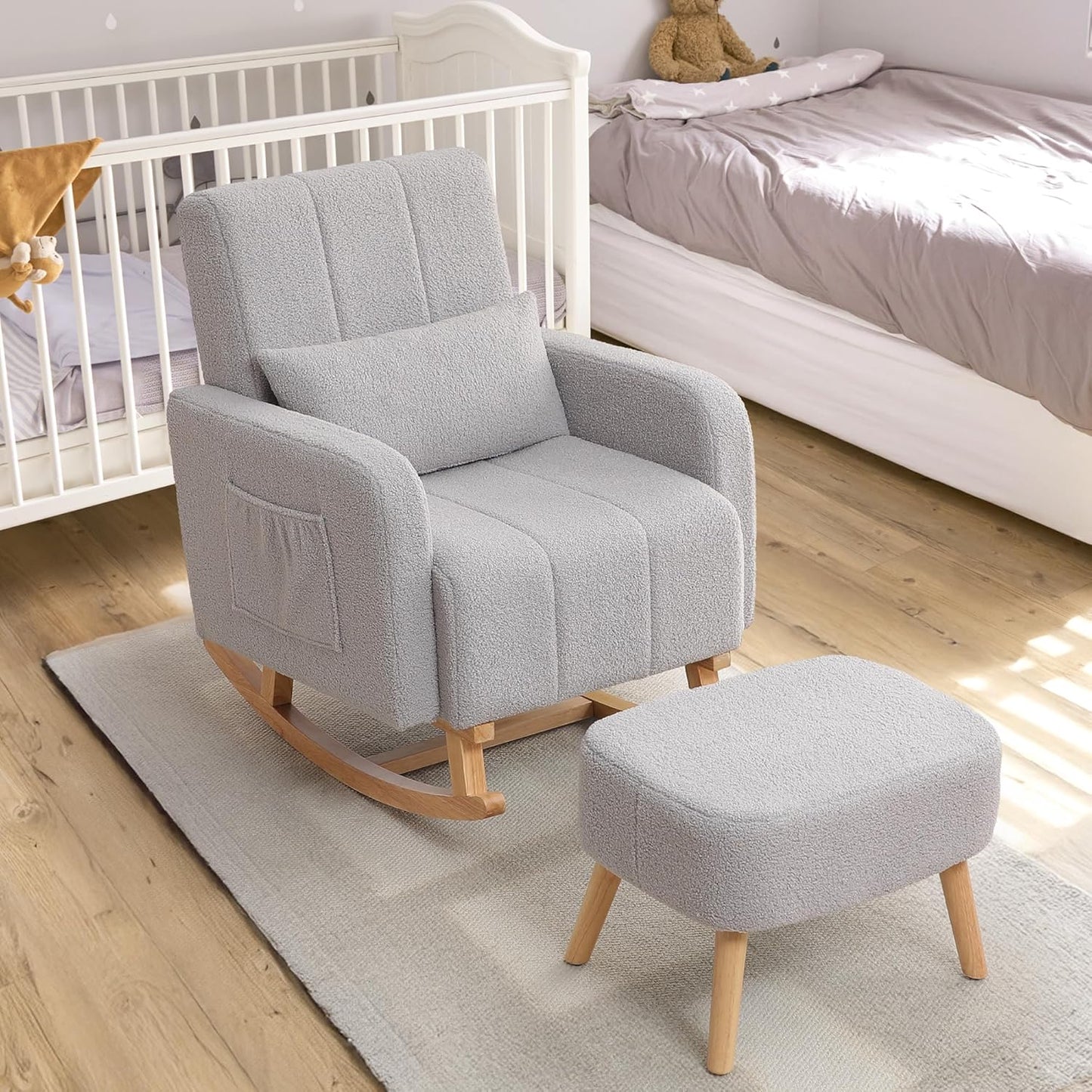 HCHAIRH Nursery Rocking Chair with Ottoman, Upholstered Glider Rocker with High Backrest Side Pocket, Rocking Accent Armchair with Solid Wood Legs for Nursery, Living Room, Bedroom, Light Grey