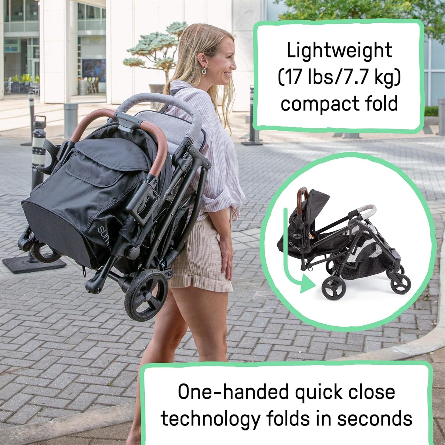 Ingenuity Ingenuity 3Dquickclose CS+ Compact Fold Stroller – Lightweight Stroller with Oversized Canopy, Extra-Large Storage and Compact Fold, Forest