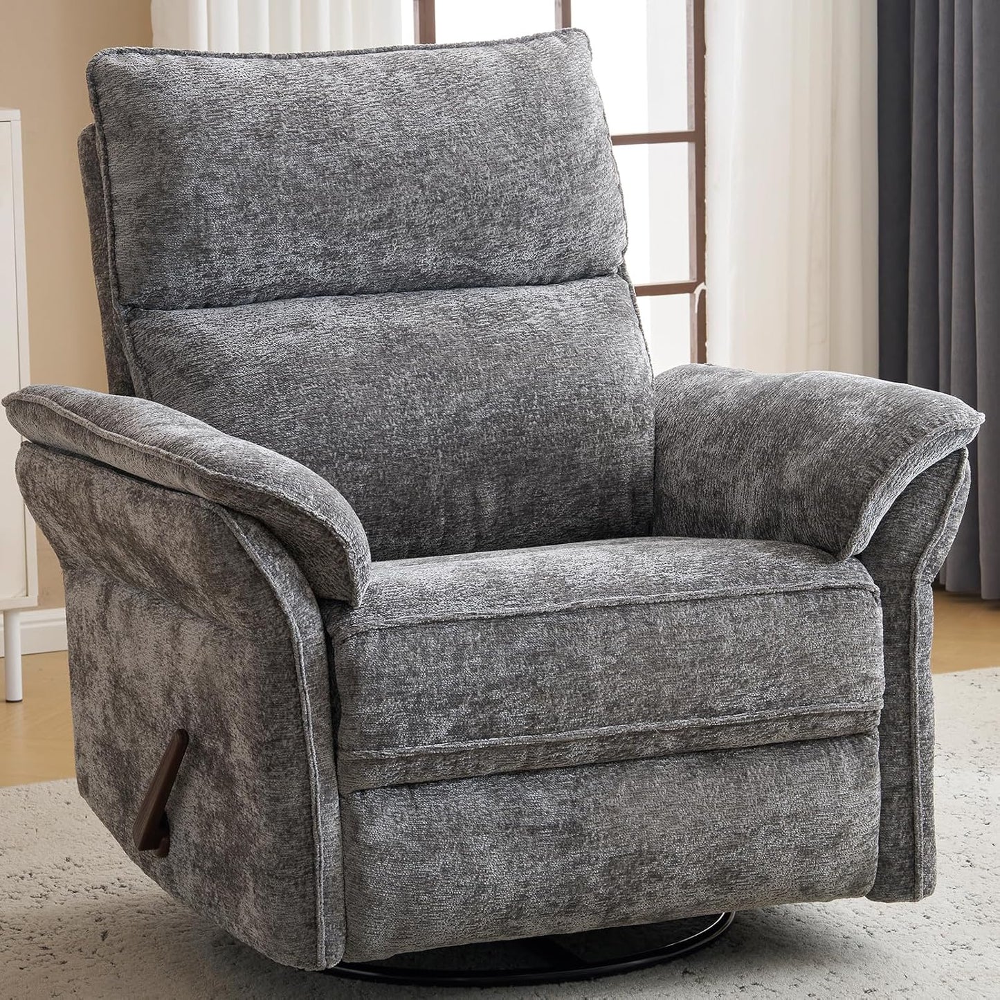 Oversized Swivel Rocker Recliner with Adjustable Headrest, Rocking Chair Nursery with Overstuffed Armrest, Manual Rocker Recliner Nursery Chair for Living Room, White