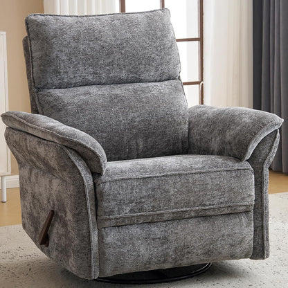Oversized Swivel Rocker Recliner with Adjustable Headrest, Rocking Chair Nursery with Overstuffed Armrest, Manual Rocker Recliner Nursery Chair for Living Room, White