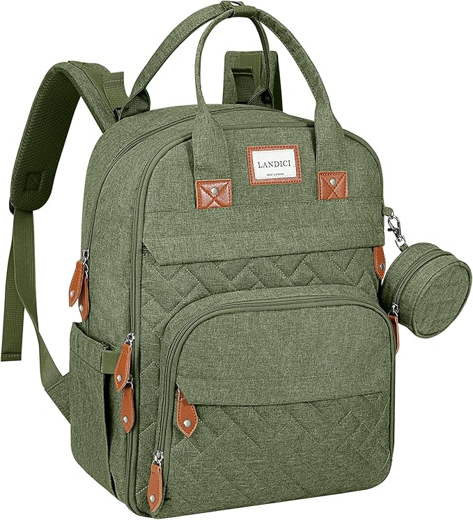 LANDICI Diaper Bag Backpack, Multifunction Baby Diaper Bags with Changing Pad, Stroller Straps & Pacifier Case, Travel Essentials Back Pack for Mom Dad Boy Girl, Large Capacity, Waterproof, Army Green
