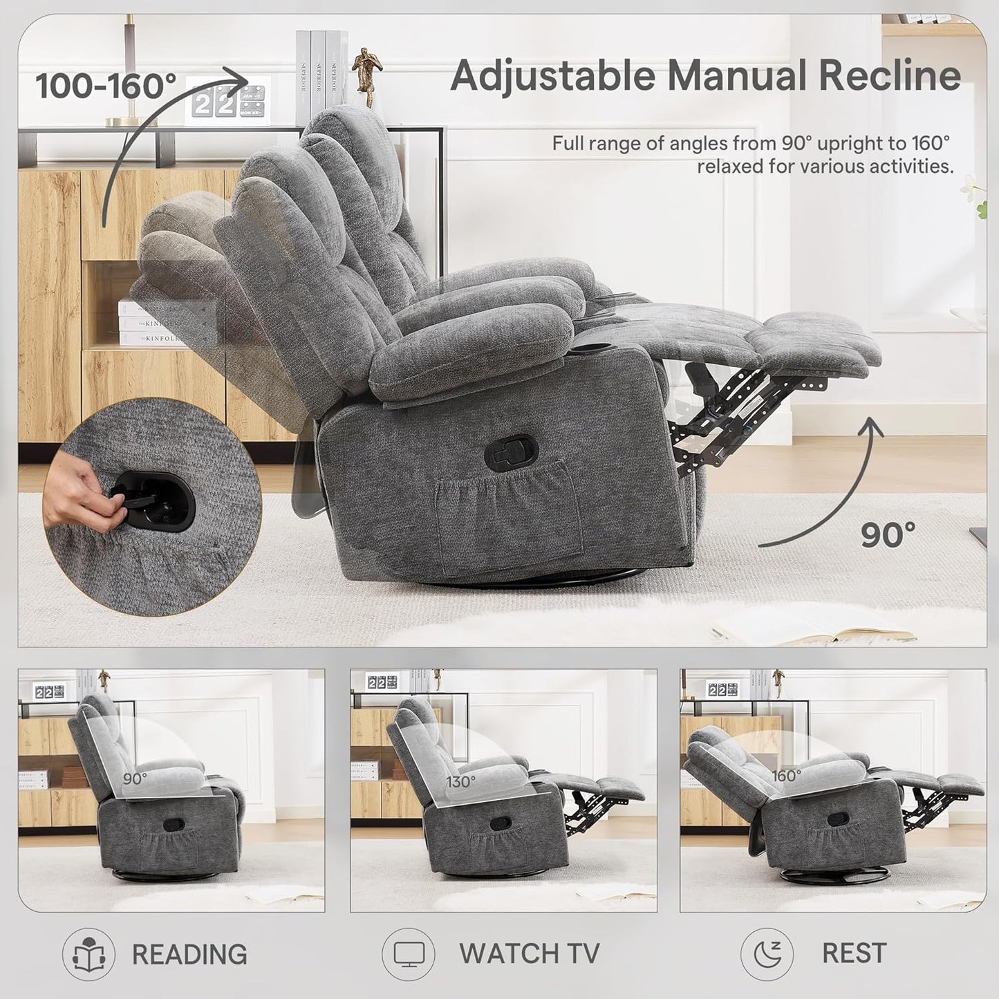 Swivel Rocker Recliner Chair, Lazy Boy Recliner with Cup Holders, 360 Degree Rotating Nursery Rocking Chair, Manual Glider Recliner for Living Room (1, Yellow)