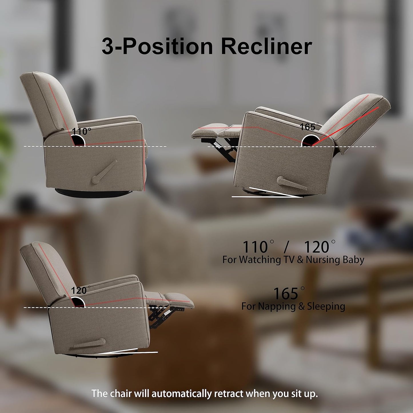 Harkawon Swivel Rocker Recliner Chair, Glider Rocker Recliner, Rocking Chair Nursery, Fabric Chair with High Back, Deep Seat, for Living Room, Bedroom, Beige