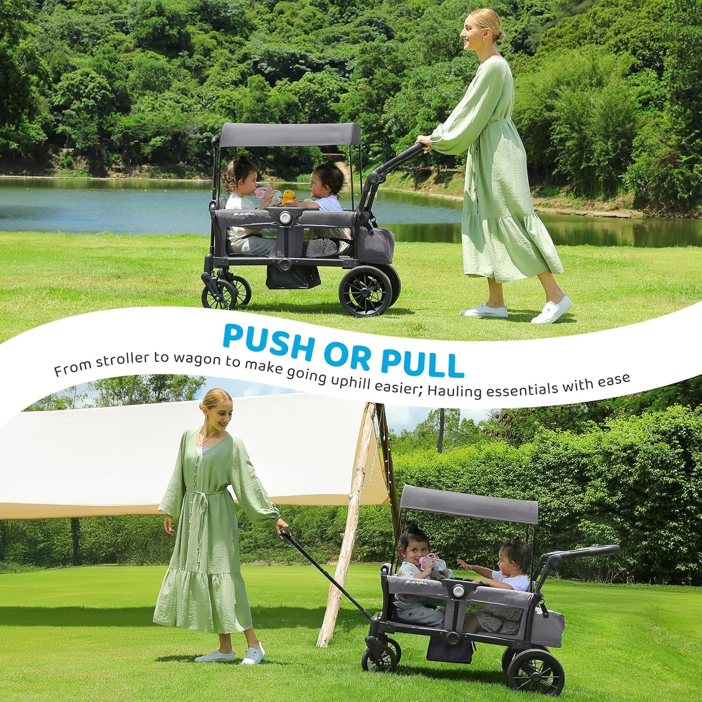 ELEMARA Stroller Wagon, 2 Seat Stroller for 2 Kids, Premium All Terrain Stroller for Kids w/Removable Canopy, Adjustable Push/Pull Handle, Large Storage Bag, Black
