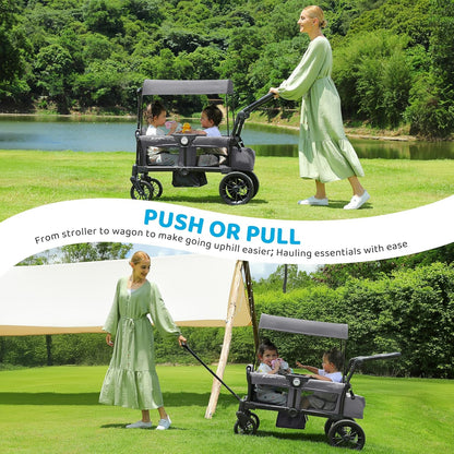 ELEMARA Stroller Wagon, 2 Seat Stroller for 2 Kids, Premium All Terrain Stroller for Kids w/Removable Canopy, Adjustable Push/Pull Handle, Large Storage Bag, Black