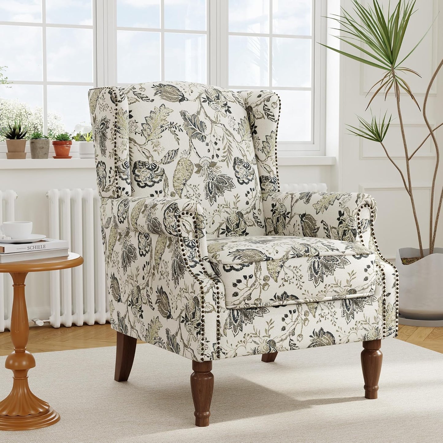 Swivel Rocker Recliner Chair, Manual Nursery Glider Recliner, Floral Fabric Wingback Accent Chair with Adjustable Backrest & Footrest for Small Spaces Living Room Bedroom (Plants Floral, Set of 1)