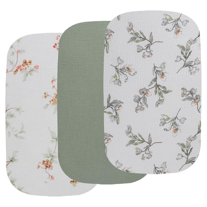 Onacosht Muslin Bassinet Sheets 3 Pack, 100% Cotton Baby Fitted Sheet 33" x 19" Compatible with Mika Micky, KoolaBaby (3 in 1), BabyBond, HARPPA and RICUTON Bedside Bassinet, Green, Floral and Cactus