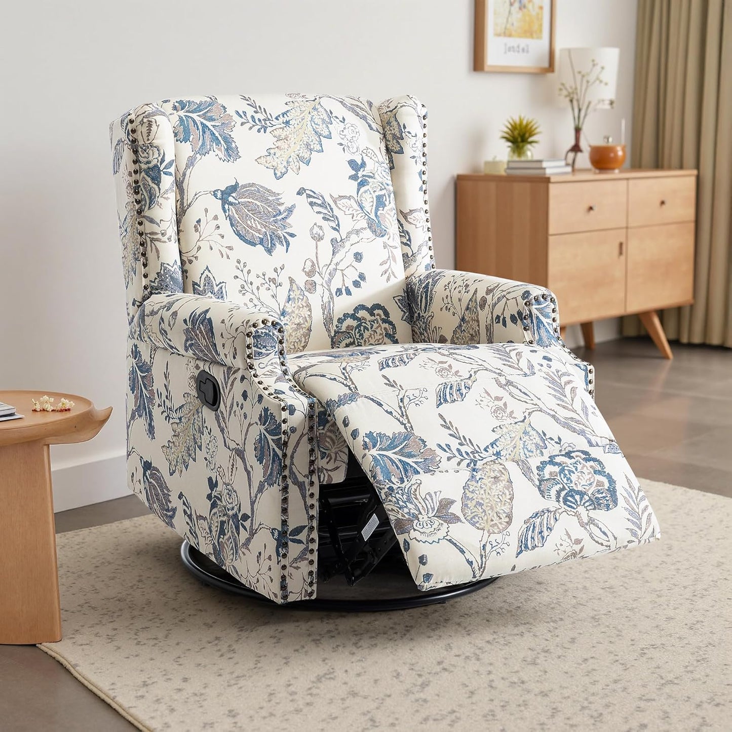Swivel Rocker Recliner Chair, Manual Nursery Glider Recliner, Floral Fabric Wingback Accent Chair with Adjustable Backrest & Footrest for Small Spaces Living Room Bedroom (Plants Floral, Set of 1)